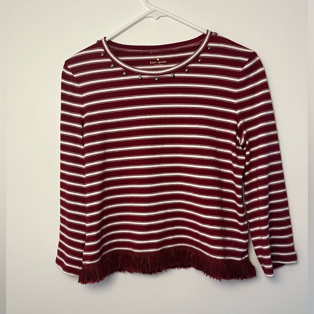 Kate Spade Women Med Red White Stripes Fringe & Studded Accents Long Sleeve Top